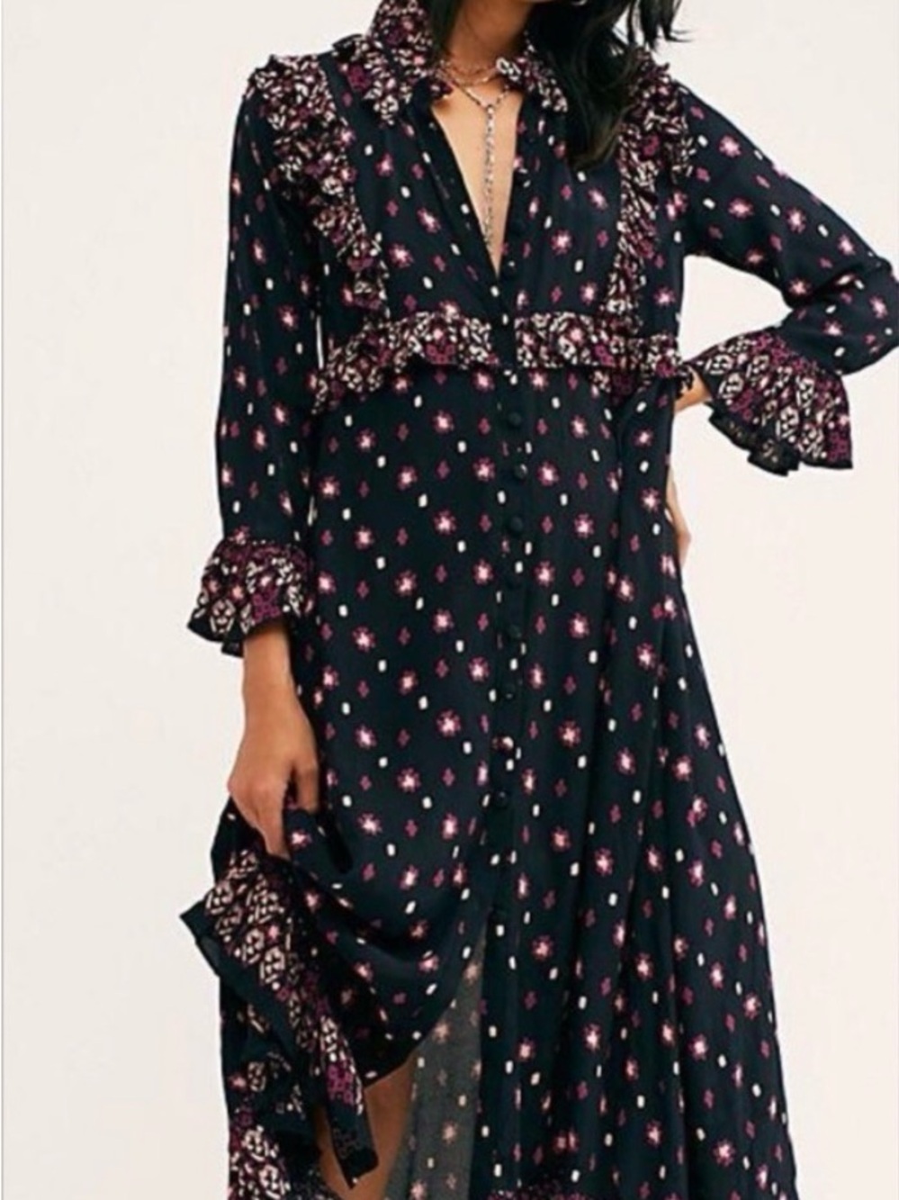 Free People Black Midi Dress with Pink Floral Print S/P